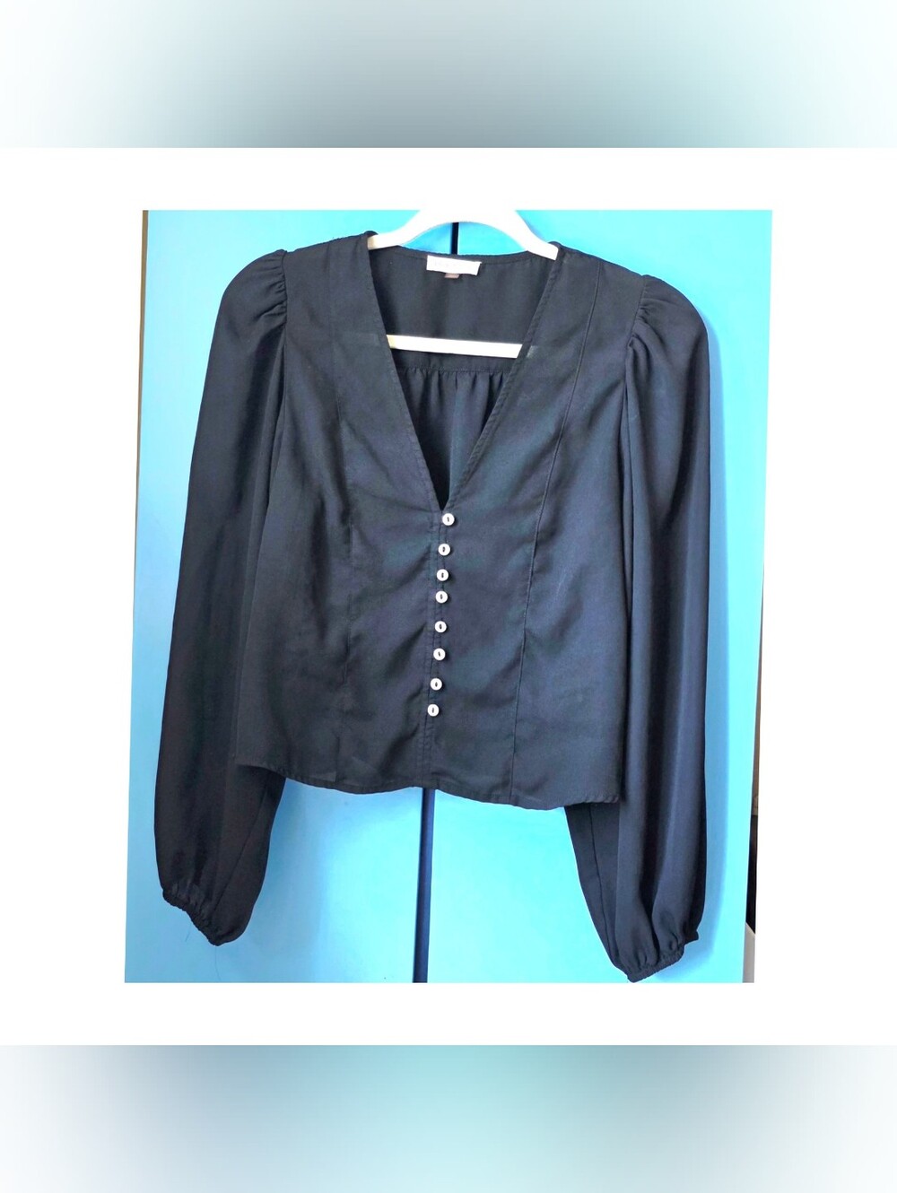 Black Button-Front V-Neck Blouse